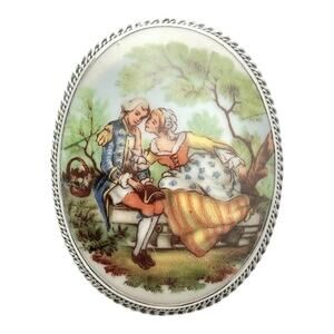 925 Silver Porcelain Large Pendant Brooch 55mm Fragonard Rocco Courting Couple